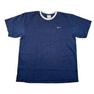 Nike Vtg Y2K Ringer T-Shirt Mens Lg Navy Blue Grey White Swoosh Logo Cotton Tee